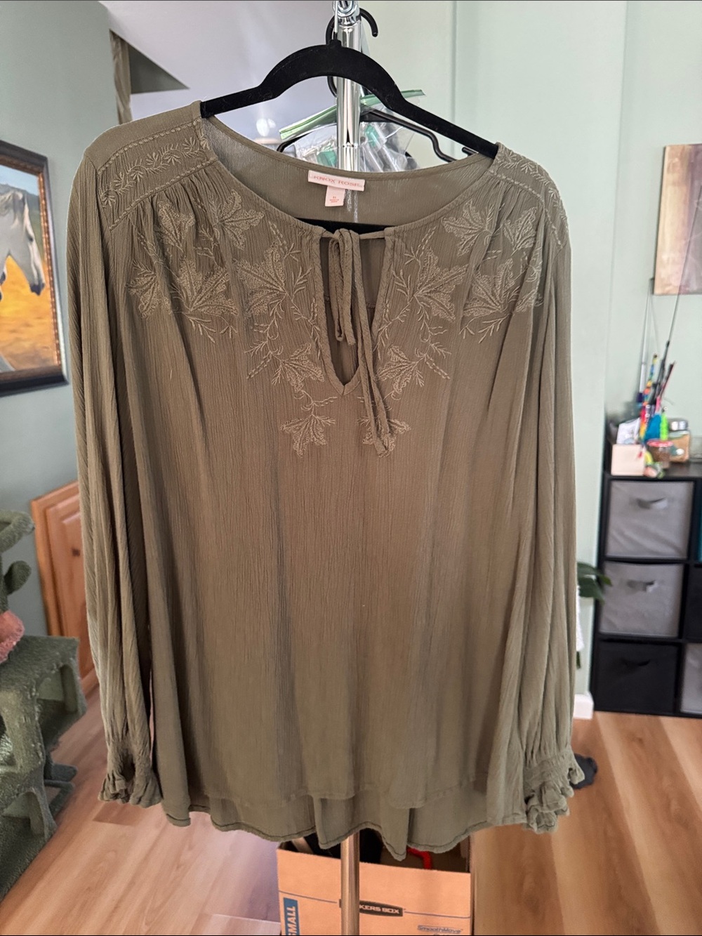XL Lightweight Olive Green Peasant Blouse with Embroidered Yoke
